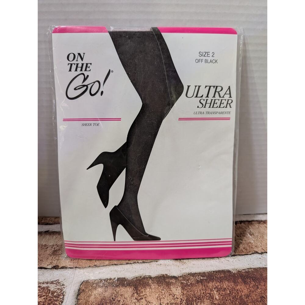 On The Go! Vintage Ultra Sheer Pantyhose Off Black Sheer Toe Nylons Size 2 New